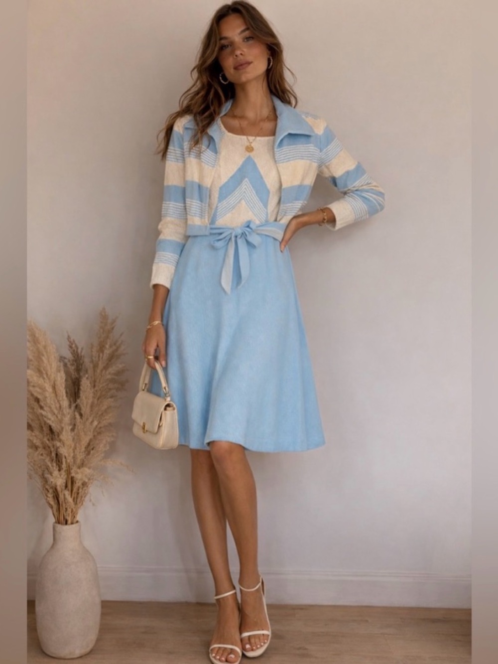 Light Blue & Cream Knit Cardigan and Dress Set Size 8
